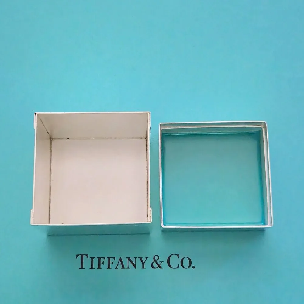 RARE Tiffany and Co.  Enamel Lid Interior Sterling Silver Square Keepsake Box